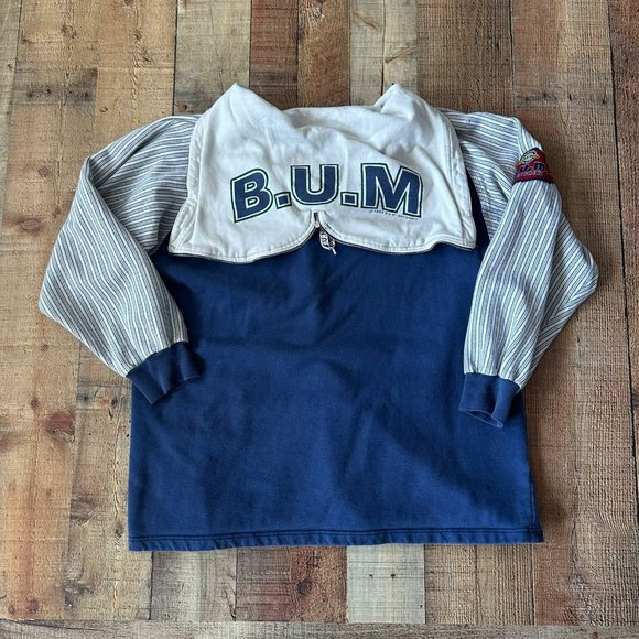 Vintage B.U.M. Equipment Blue Polo Shirt Striped Sleeves Embroidered Logo -L - Picture 5 of 9